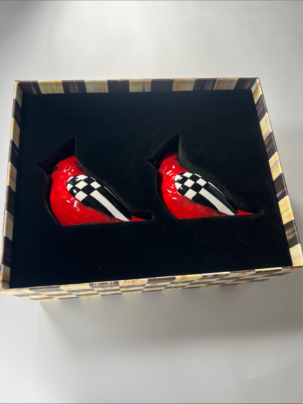 MacKenzie-Childs Red Cardinal Pair with Black & White Check Wing salt pepper set